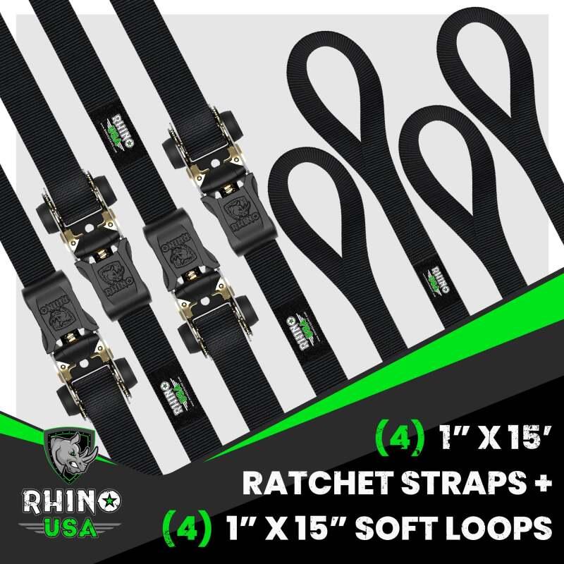 Rhino USA Medium Duty Ratchet Strap Tie-Down 4-Pack (Black)