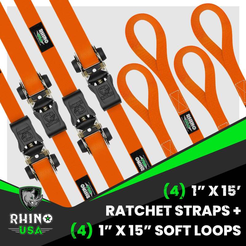 Rhino USA Medium Duty Ratchet Strap Tie-Down 4-Pack (Orange)