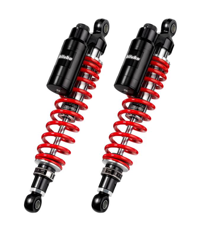 Bitubo WMT0 Twinshocks Adj.: Spring Preload, Reb., Comp., Length 361mm, Piggyback Tank, Red Springs