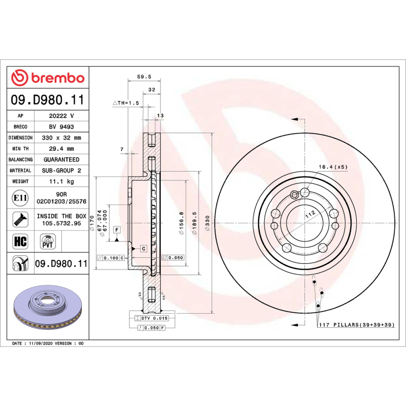 Brembo OE 20-23 Mercedes-Benz GLE350/20-21 GLE450/GLE580 UV Coated Brake Disc - Front