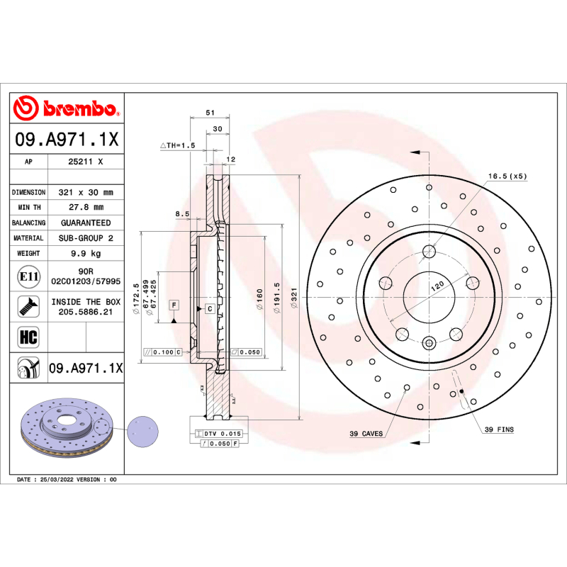 Brembo OE 10-15 Chevrolet Camaro/10-17 Equinox/14-20 Impala Drilled Xtra Brake Disc - Front