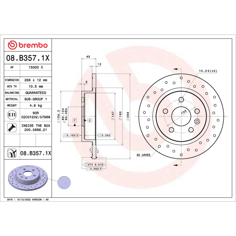 Brembo OE 2015 Chevrolet Cruze Drilled Xtra Brake Disc - Rear