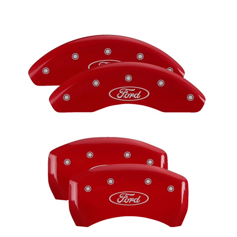 MGP 4 Caliper Covers Engraved Front & Rear 22-24 Ford Maverick Red Finish Silver Ford Logo
