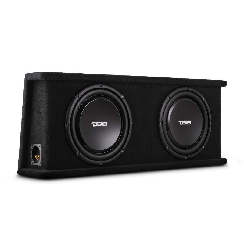 DS18 Dual 12in Shallow Subwoofer and Enclosure 700 Watts RMS Sealed Black Carpet