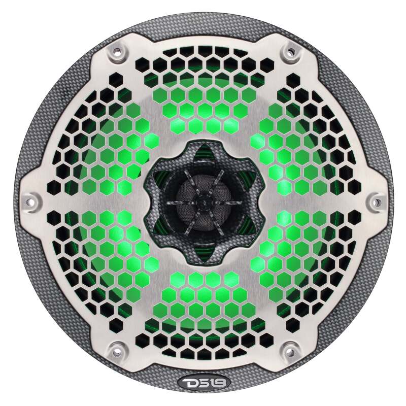 DS18 Hybrid Marine Speaker w/ Driver And RGB LEDs 8in 2-Way 350 Watts RMS 4 ohm Crbn Fiber w/ Cover