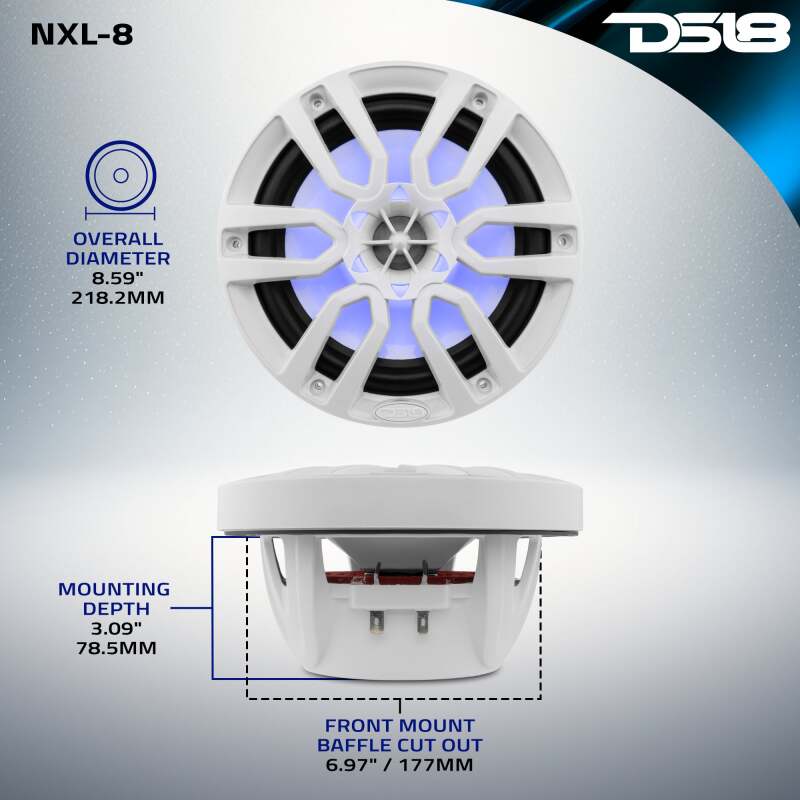 DS18 NXL Series Coaxial Marine Speaker w/ RGB Lights 8in 2-Way 125 Watts RMS 4 ohm White