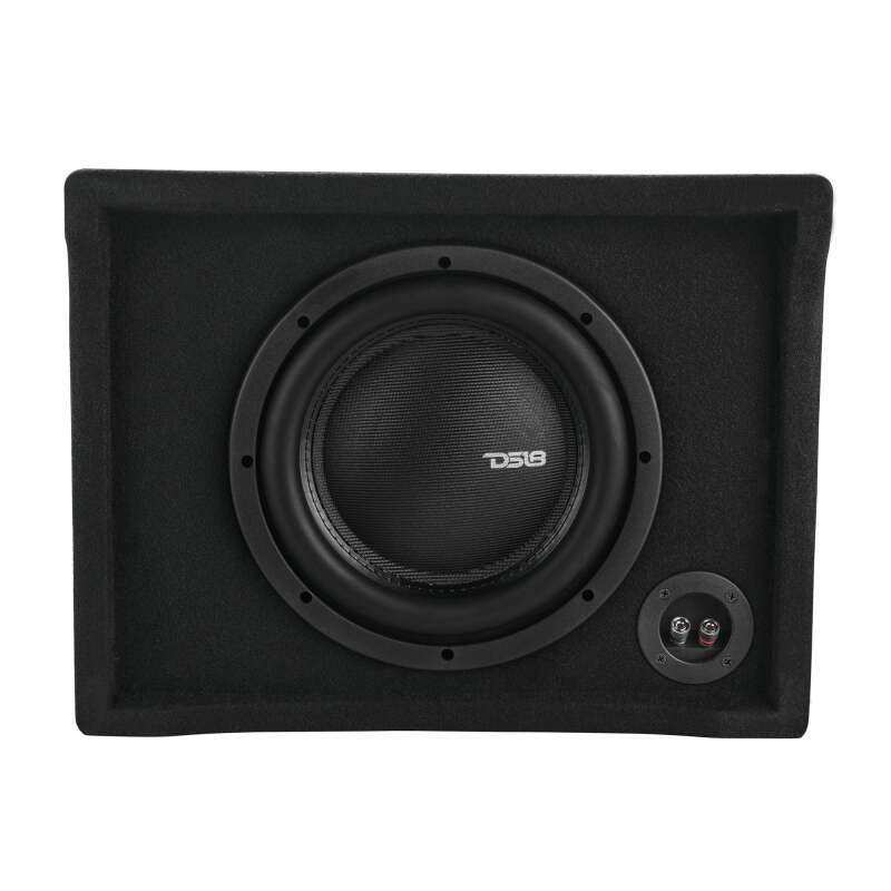 DS18 Single 10in Shallow Subwoofer and Enclosure 600 Watts RMS Downfiring Sealed Black Carpet